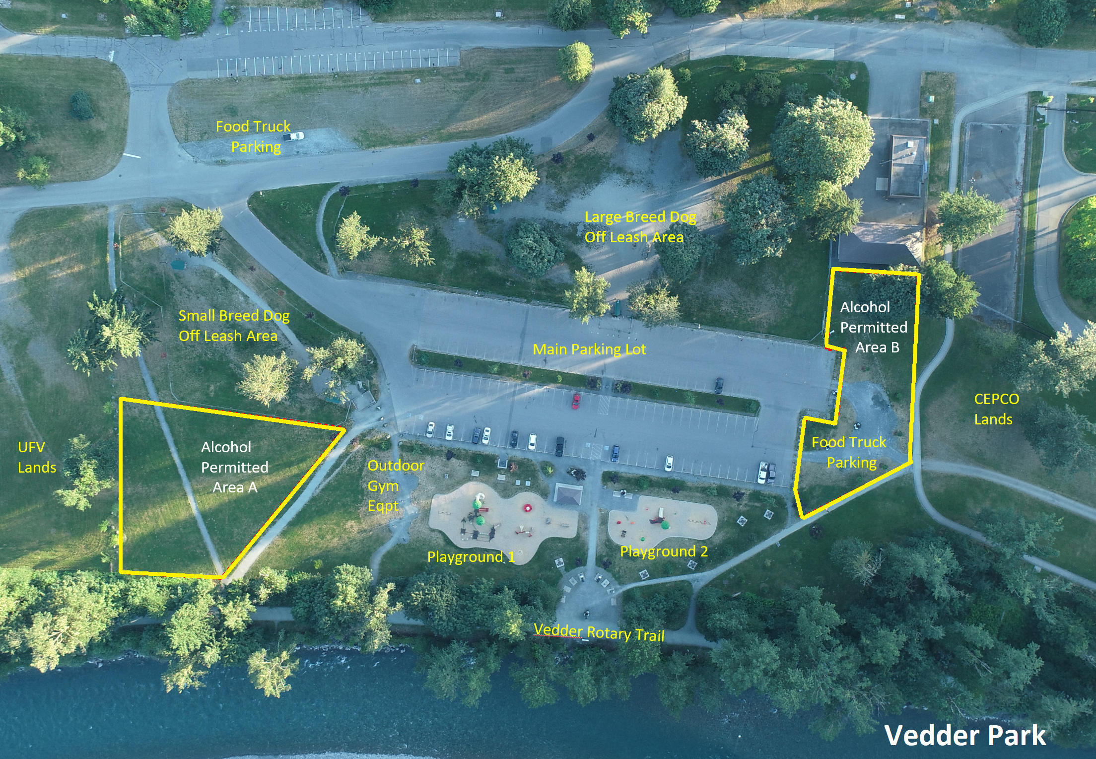An aerial map of Vedder Park with two areas circled in yellow to indicate the alcohol permitted areas.